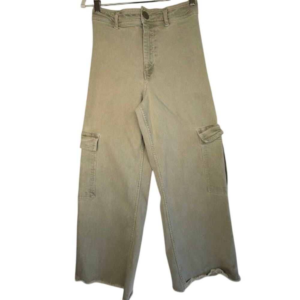 Zara‎ The Marine Cargo High Waisted Wide Leg Jeans Gray Stone Raw Hem US Size 6